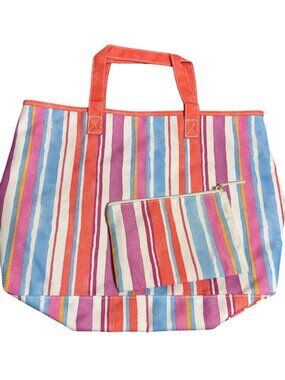 Estee Lauder Striped Tote Bag Matching Pouch Set Multicolor Coral Handles NWOT